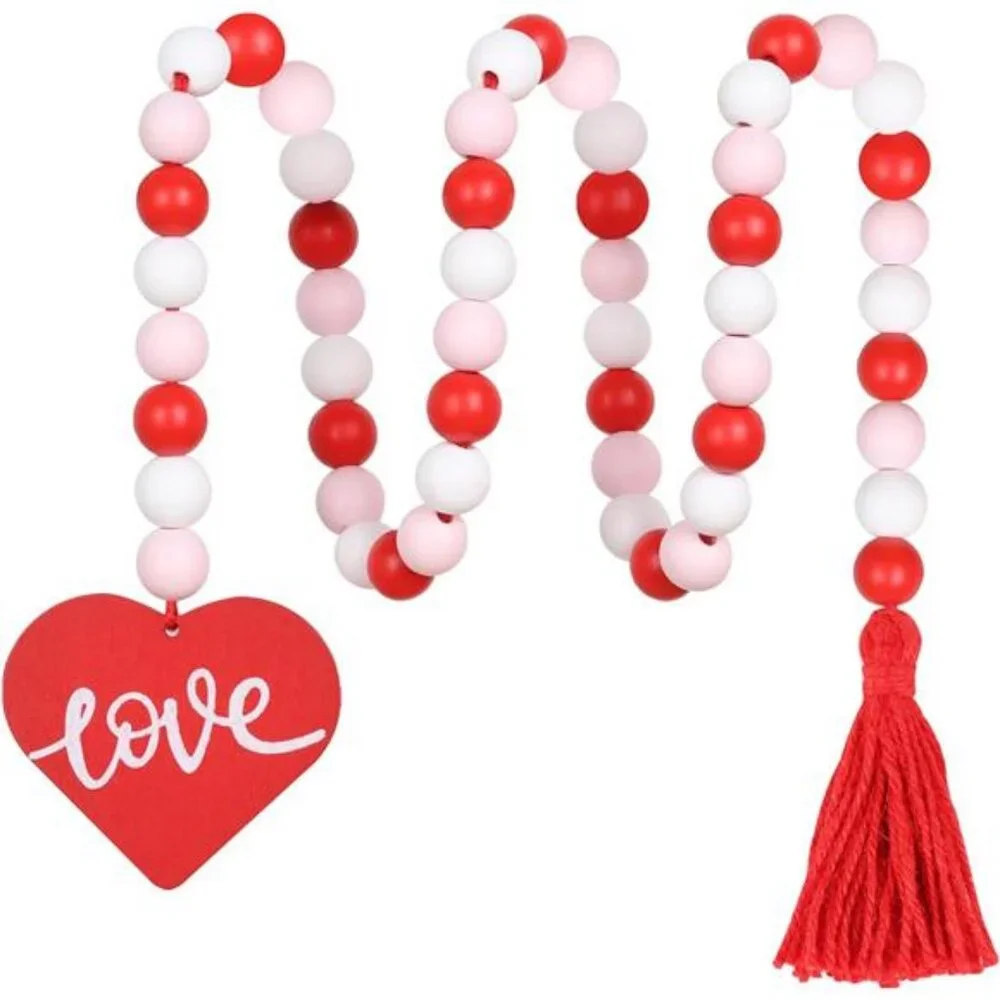 Farmhouse Wood Beaded Garland with Tassel, Valentines Day Decor
